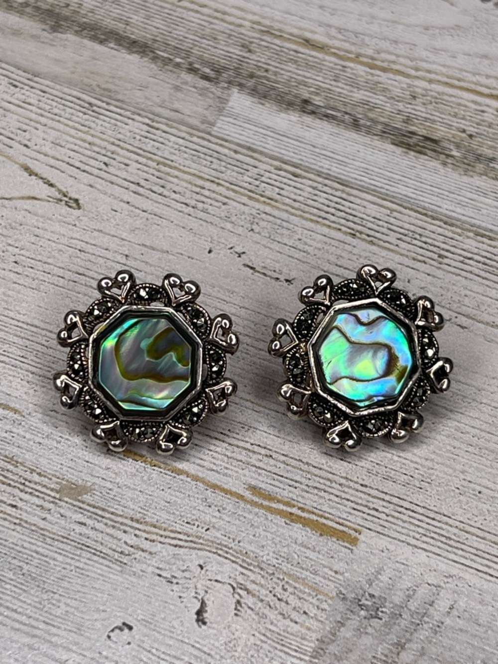 Vintage Sterling Silver Abalone Marcasite Heart Stud Earrings